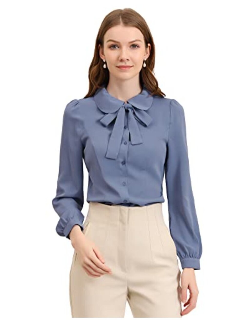 Women's Peter Pan Collar Button Up Blouse Long Bishop Sleeve Bow Tie Neck